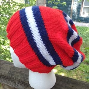 Red white and blue Fourth of July hand knitted slouchy hat